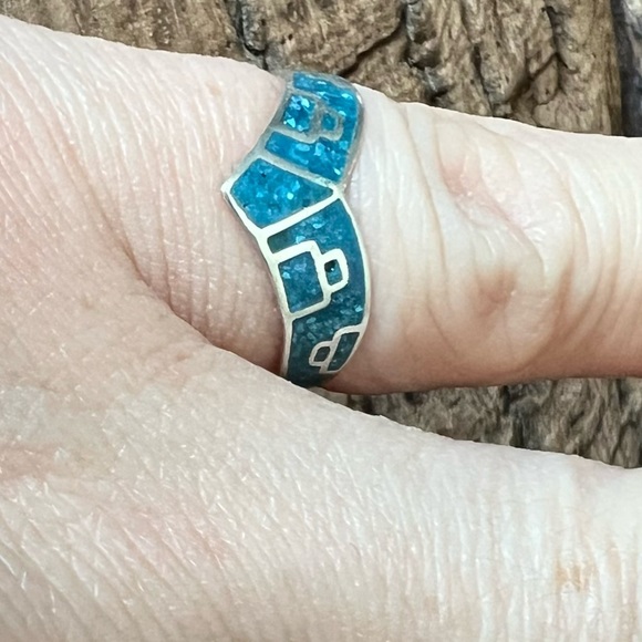Taxco Mexico Sterling Silver Ring TR-60 Turquoise inlay geometric Maya Aztec 5 - Picture 1 of 5